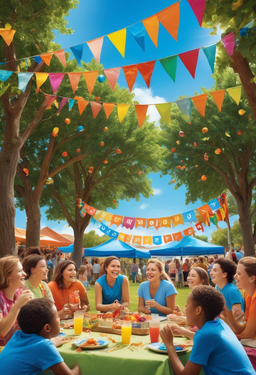 A diverse group of people laughing and engaging in a community event, surrounded by colorful decorations and banners promoting joy and philanthropy. Children playing games, volunteers distributing food, and friends sharing stories under a bright blue sky. Incorporate elements of nature with trees and flowers to symbolize growth and connection. super-realistic. vibrant colors. warm and inviting atmosphere.