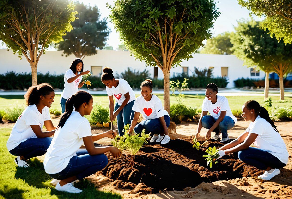 A warm scene of diverse volunteers engaged in various activities like planting trees, tutoring children, and sharing meals, reflecting joy and community. In the background, subtle heart shapes and laughter symbols emerge, symbolizing connection and love. Soft sunlight bathes the scene, enhancing the inviting atmosphere. super-realistic. vibrant colors. white background.