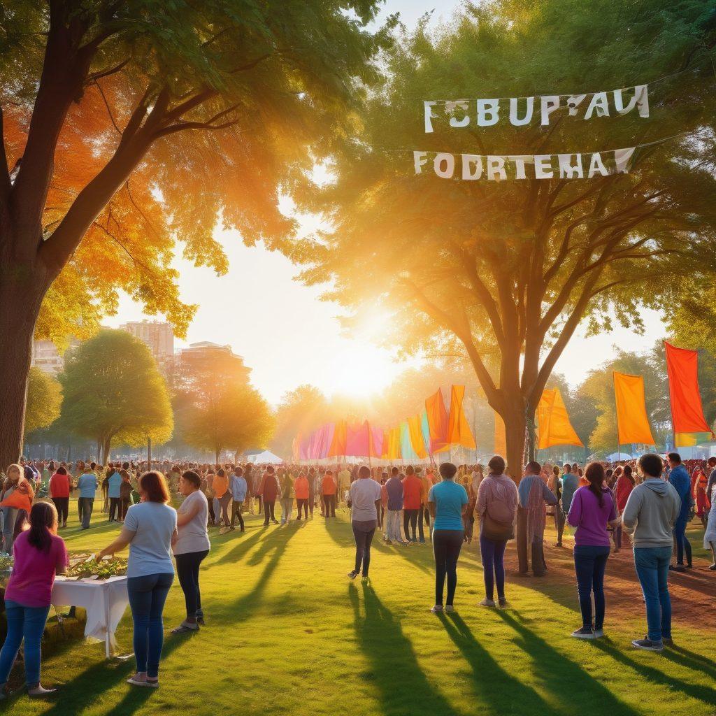 A vibrant community gathering in a park, people of different ages and backgrounds engaging in various joyful activities like planting trees, sharing food, and participating in a workshop. Colorful banners promoting social good hang in the background, with a warm sunset illuminating the scene, creating a sense of unity and purpose. super-realistic. vibrant colors. warm lighting.